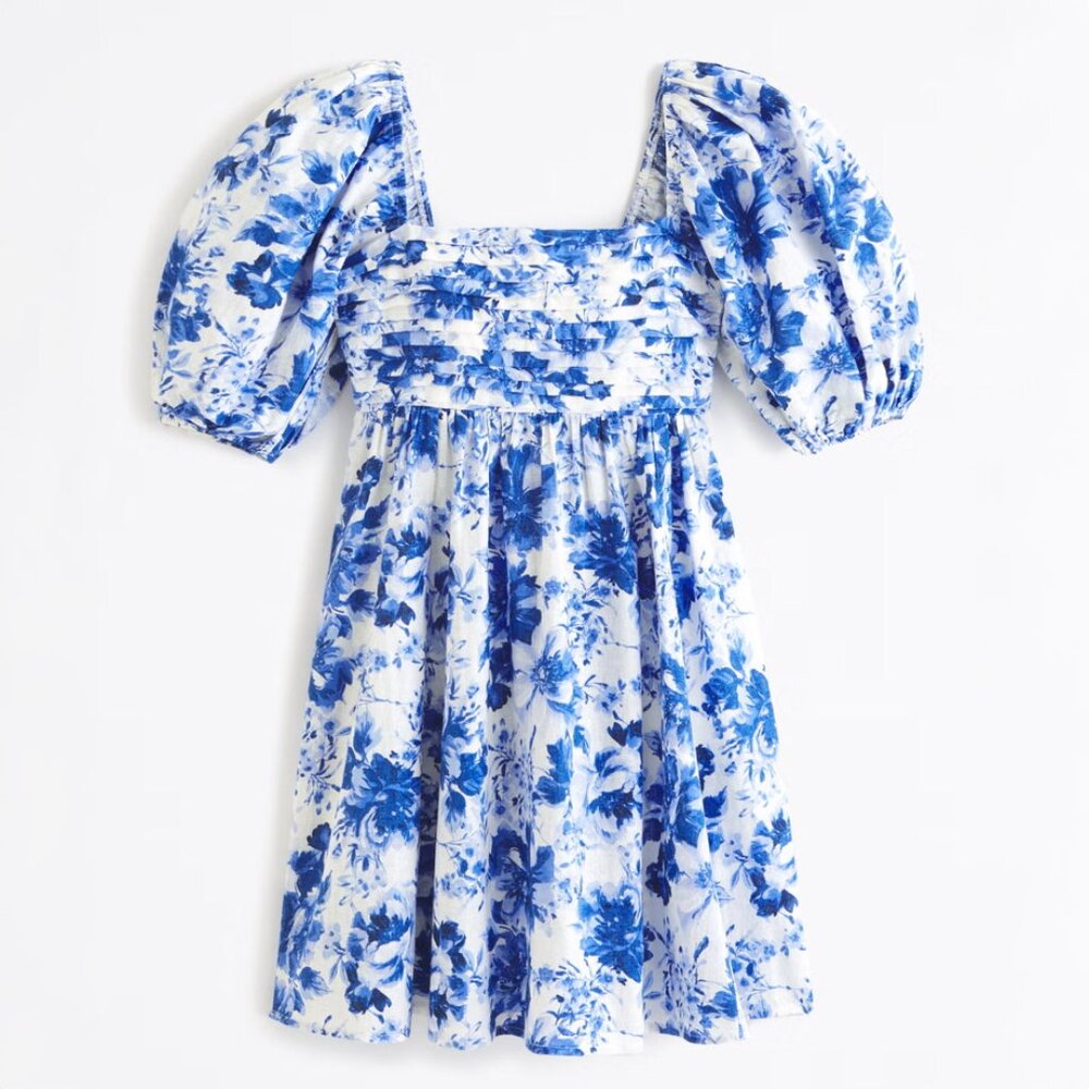 Abercrombie & Fitch Emerson Linen-Blend Puff Sleeve Mini Dress in Blue Floral